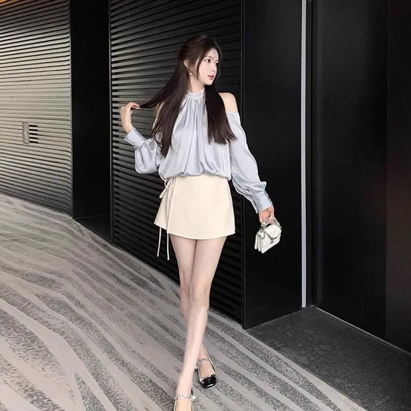 Off Shoulder Blouse Women Long Sleeve Korean Style Sweet Top