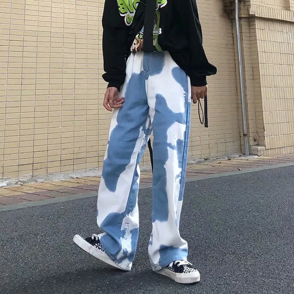 Mens Tie Dye Jeans Wide Leg Gradient Wash Streetwear Dad Fit Denim