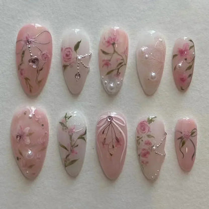 Summer Floral Short Fake Nail Tips