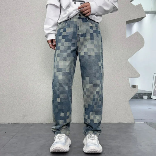 Men’s Light Luxury Mosaic Printed Jeans Retro Loose Wide-Leg Denim Trousers
