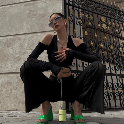 Gothic Mesh Crop Top Deep V Neck Y2K Streetwear Tee