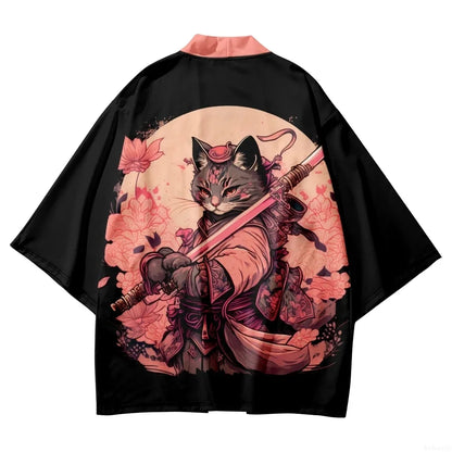 Japanese Kimono Yukata Samurai Man Cat Print Shirt Clothing Harajuku