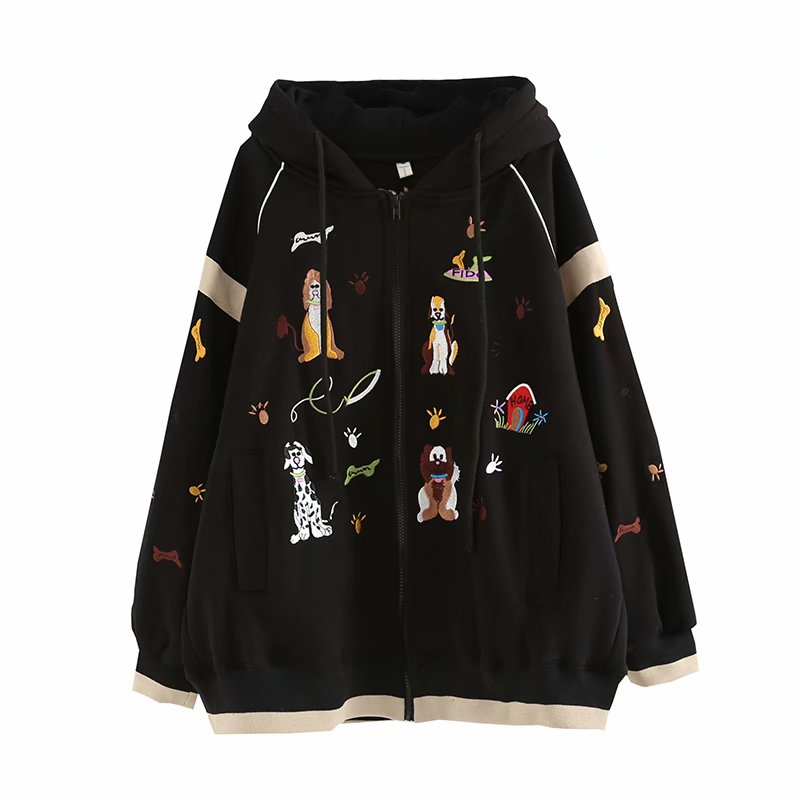 Women's Hooded Sweatshirt Coat with Thick Fleece Liner, Black Cartoon Embroidery, and Loose Cotton Outwear