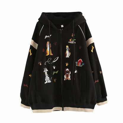 Women's Hooded Sweatshirt Coat with Thick Fleece Liner, Black Cartoon Embroidery, and Loose Cotton Outwear