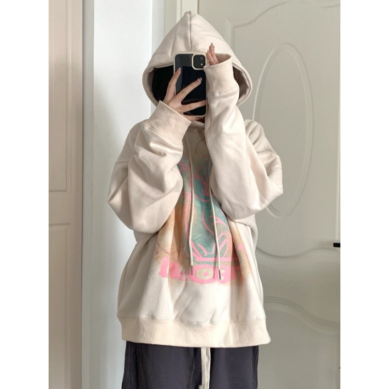 Harajuku Beige Color Women Hoodie Fashion Cartoon Oversize Casual