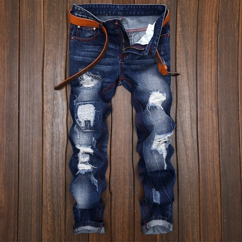 High Quality Ripped Motorcycle Jeans Men Plus Size Straight Denim