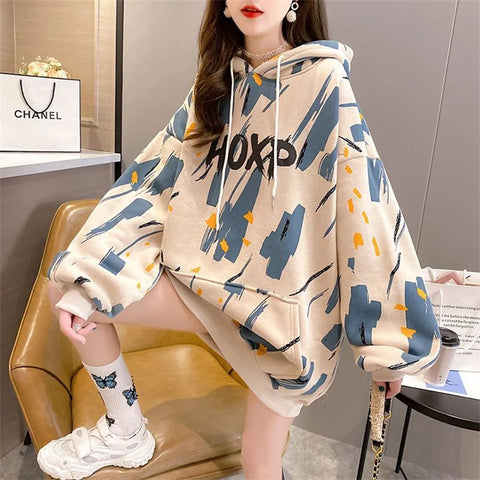 Women Graphic Print Hooded Streetwear Sweatshirts Pullovers Loose