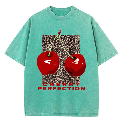 Cherry perfection Washed T Shirt Women Cotton Leopard Prints Oversize