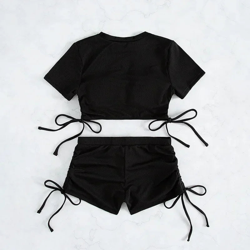 Crop Top Shorts Bottom Swimsuits Women Black Drawstring Swimwear Ribbed