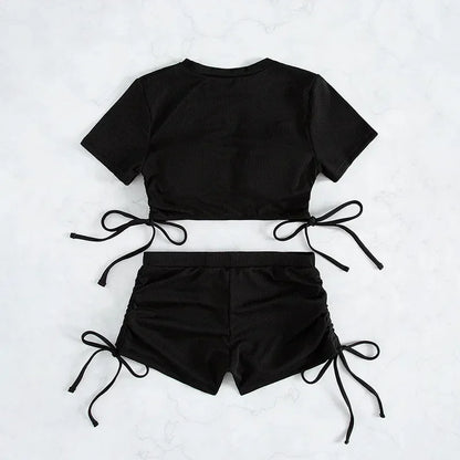 Crop Top Shorts Bottom Swimsuits Women Black Drawstring Swimwear Ribbed