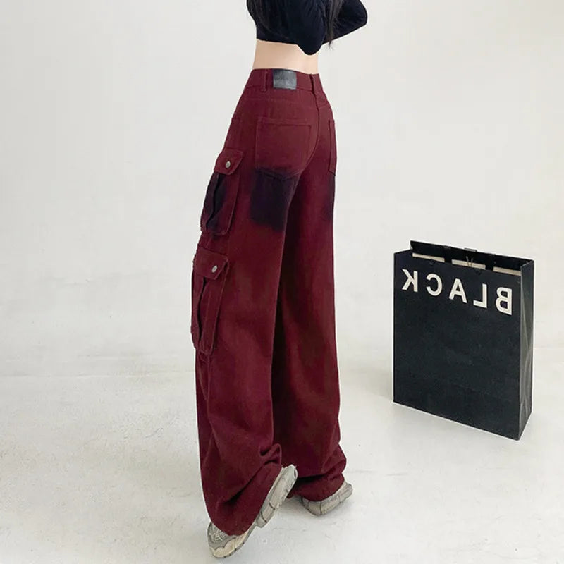 Women's Red High Waisted Cargo Jeans Wide Leg Streetwear Denim