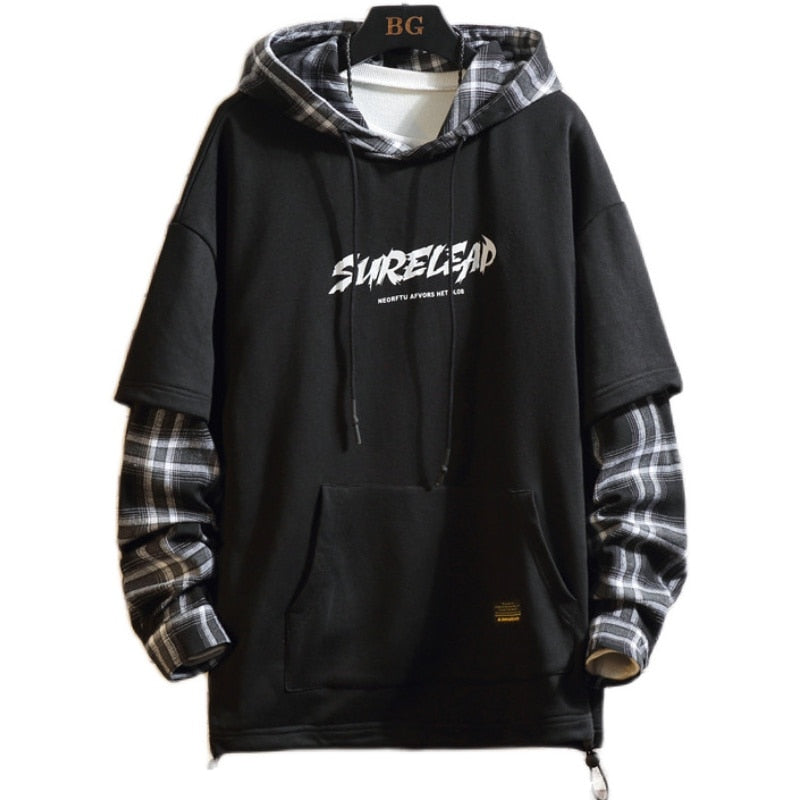 Black Patchwork Hoodies Autumn Spring Men Sweatshirts Hiphop Punk Streetwear Casual Pullover - xinnzy