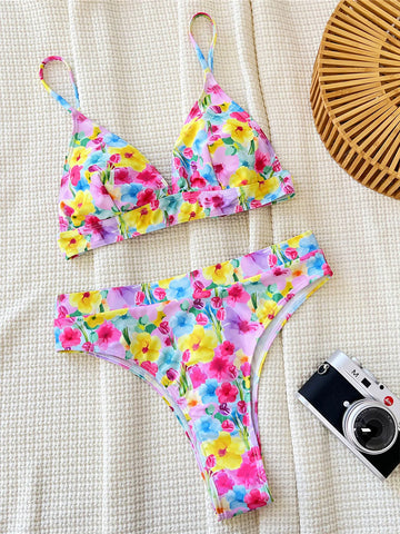 Floral Print High Cut Bikini Set