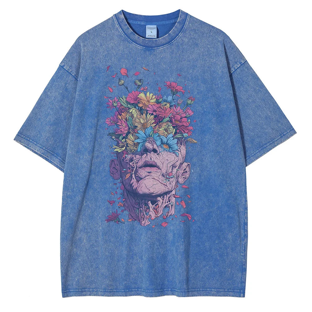Artistic Print Vintage Washed T-Shirt Men’s Loose Casual Summer