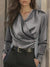 Womens Satin V Neck Wrap Shirt Long Sleeve Dressy Blouse