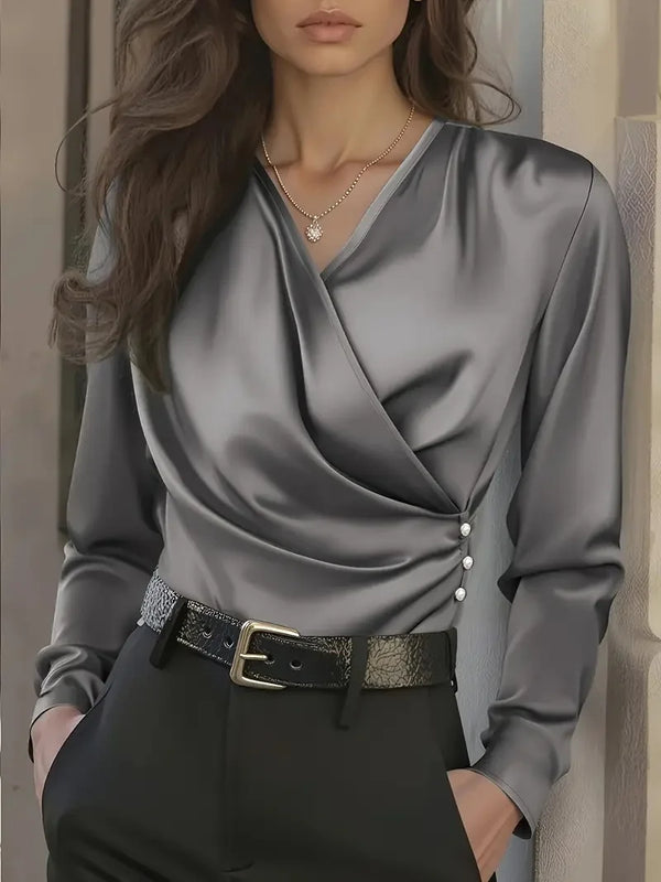 Womens Satin V Neck Wrap Shirt Long Sleeve Dressy Blouse