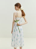 Women Dress Ruffle Front Blue Floral Dress Chiffon Spilt Loose Dresses