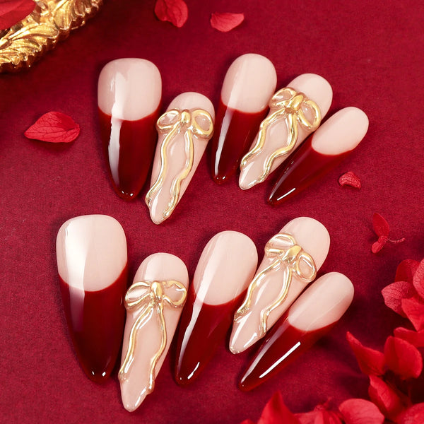 10pcs Gold Metallic 3D Press-On Almond Fake Nails