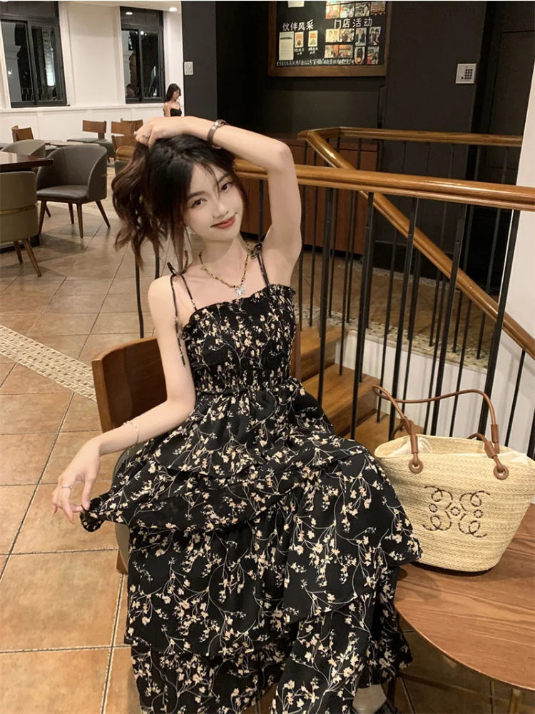 Y2k Korean Style One Piece Floral Dress Women Vintage Elegant Layered High