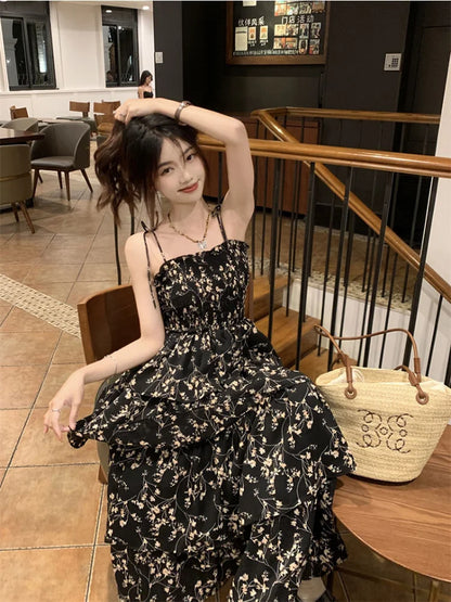 Y2k Korean Style One Piece Floral Dress Women Vintage Elegant Layered High