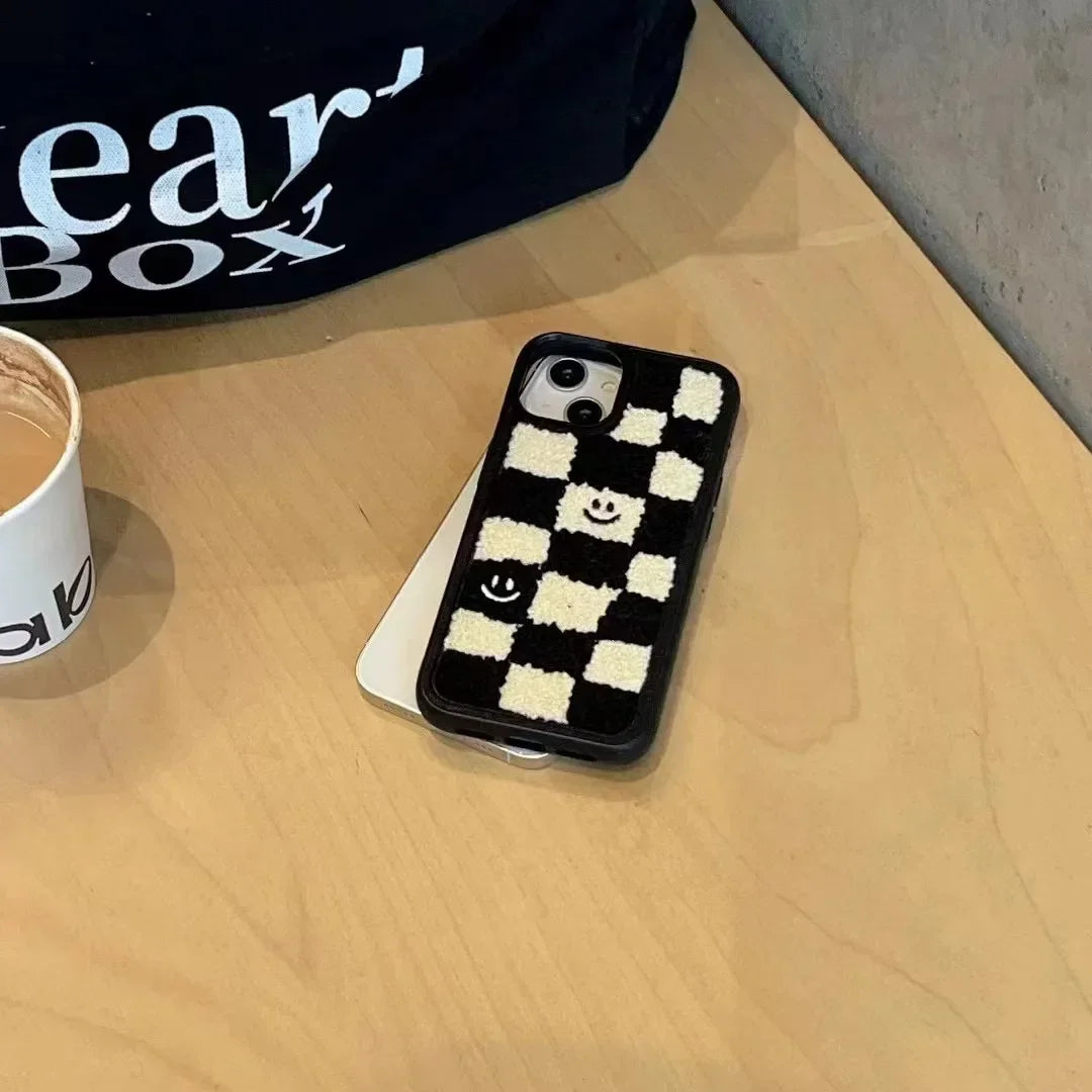 Winter Smile Grid Plüsch-Telefonhülle, warmes Tuch, Stoff, Fell, stoßfeste, weiche TPU-Abdeckung