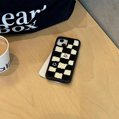 Winter Smile Grid Plüsch-Telefonhülle, warmes Tuch, Stoff, Fell, stoßfeste, weiche TPU-Abdeckung