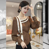 Womens High Waist Blouse V Neck Long Sleeve Color Block Office