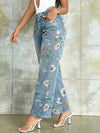 90s Vintage Floral Print High Waist Slant Pocket Wide Leg Jeans Casual