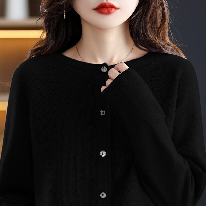 Autumn Cardigan Wool Natural Fiber Round Neck Raglan Sleeves Fashion Sweater Seamless One Line - xinnzy