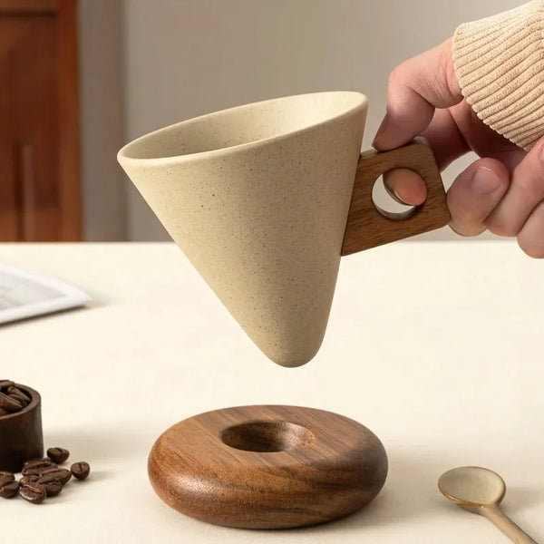 Ceramic Coffee Cup Retro Conical Wood Base Handle Heat Proof Tea Set