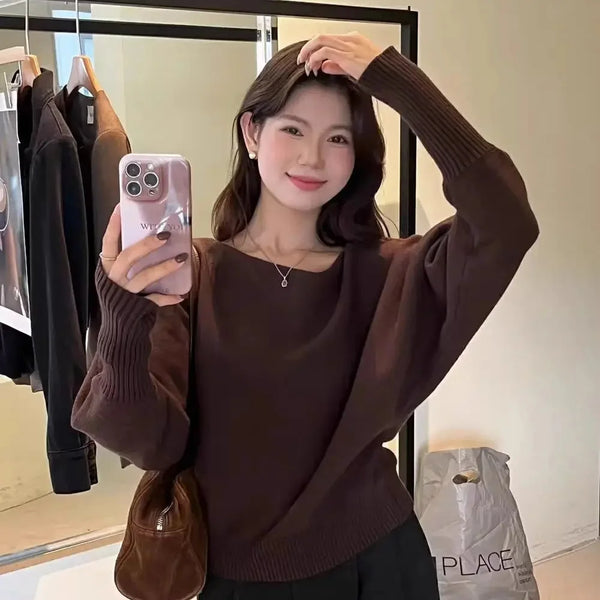 Womens One Shoulder Knit Sweater Lantern Sleeve Oversized Fit Top