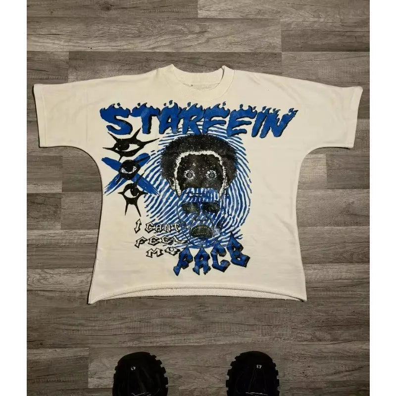 American Gothic Cartoon Alphabet Print Oversized T-shirt Men Street