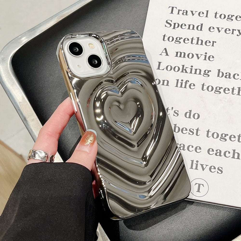 Luxury Electroplate Silver Heart Water Ripple Phone Case for iPhone Soft Silicone