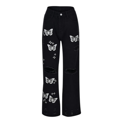Womens Butterfly Print Jeans High Waist Straight Denim