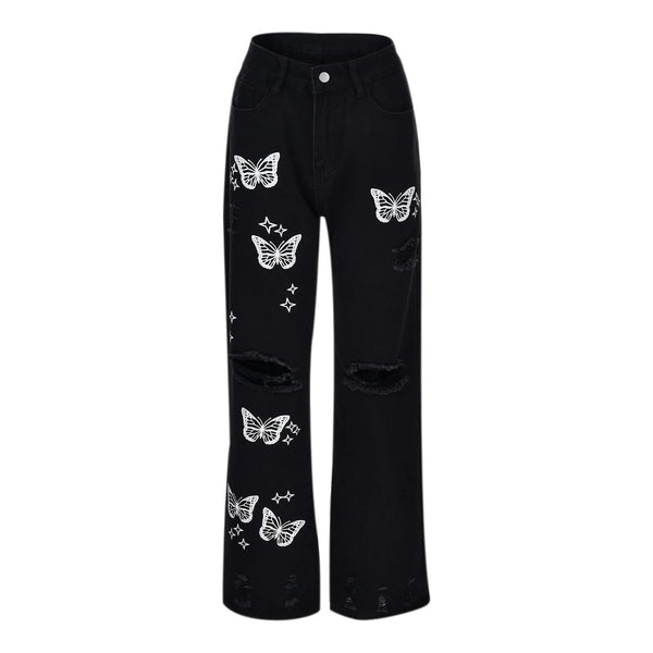 Womens Butterfly Print Jeans High Waist Straight Denim