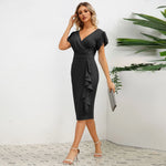 Women's V-neck Ruffled Edge Slim Fit Temperament Dress with Flying Sleeves Vestidos