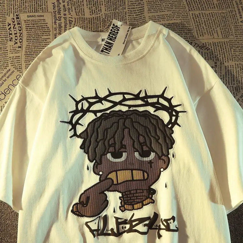 Cartoon Character Crown of Thorns T-Shirt Men Graphic Streetwear