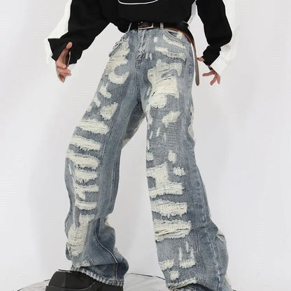 Men High Street Distressed Jeans Loose Straight Hip Hop Pants