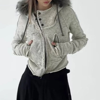 Vintage Contrast Faux Fur Double Zip Hoodie Women