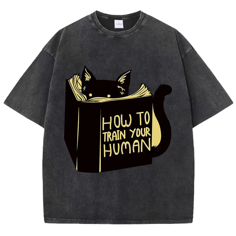 Smart Cat Reading Print T-Shirt Men Summer Vintage Water Wash