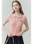 T-Shirt Slim Short Single Breasted Cardigans College Style Polo Neck Short Sleeve Knit