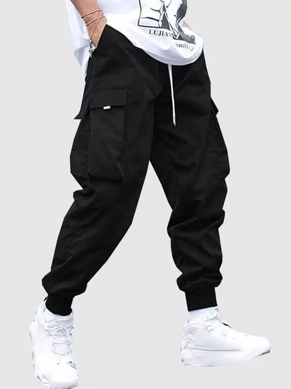 Men Cargo Pant Solid Mid Waist Elastic Tooling Trousers