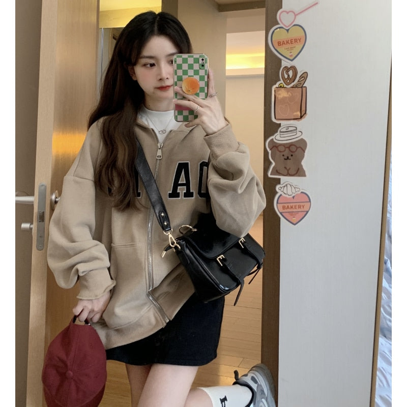 Hoodie Women Kpop Oversize Zip Sweatshirt Streetwear Casual Vintage