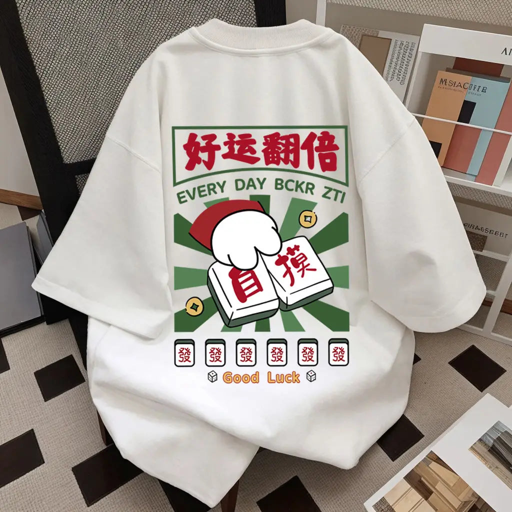 Good Luck Mahjong Tile T-Shirt Women Retro Casual Streetwear