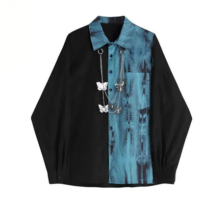 Men's Streetwear Contrast Shirt with Necklace Loose Long Sleeve Top