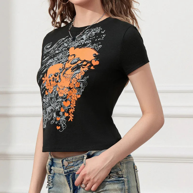 Y2K Skull Print T-Shirt Women’s Slim Fit Summer Streetwear Club Top