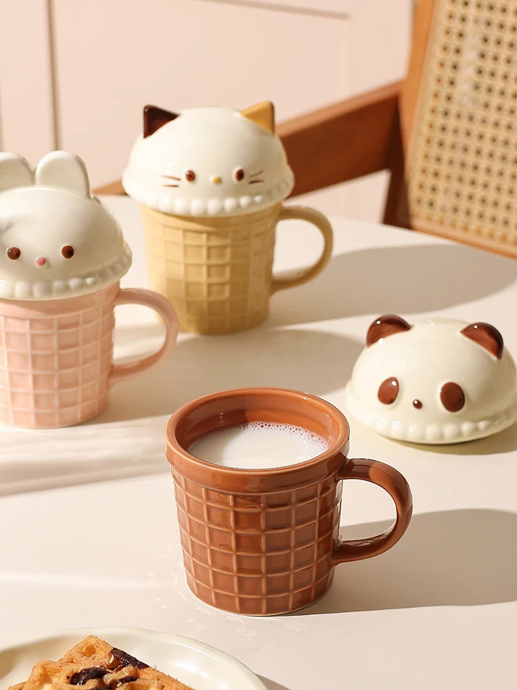 Cartoon Cute Little Bear Mug Couple Ceramic Mug With Lid Women