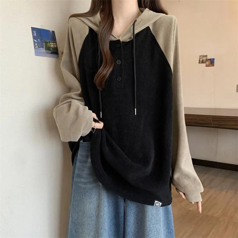 Womens Button Patchwork Hoodie Oversized Pullover Top Office Casual