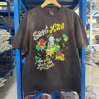 25SS Vintage Grey Saint T-Shirt Streetwear Character Logo Print Cotton
