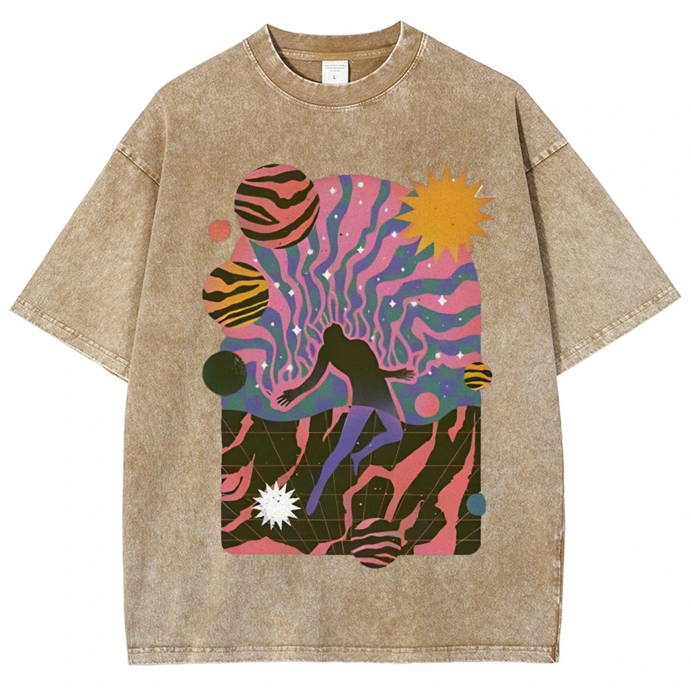 High-Quality Cartoon Abstract Print Men's T-shirt Water Wash Vintage Casual